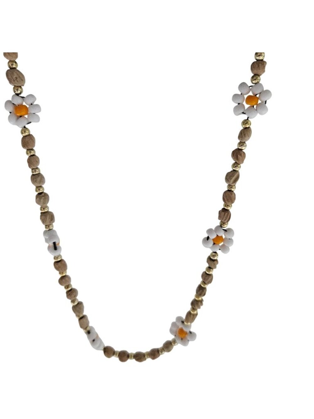 Handcrafted Retro Daisy Beaded Necklace Wood Metallic Beads 60s 70s Boho Hippie